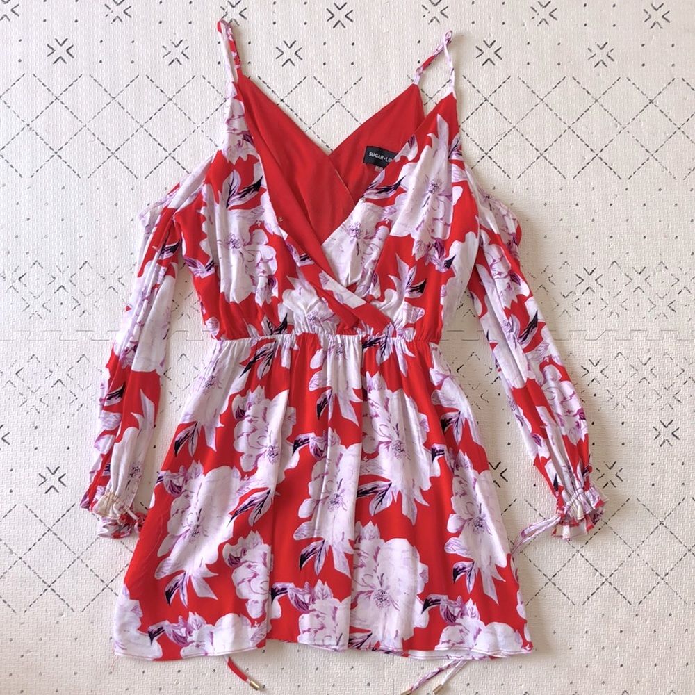 SugarLips red floral cold shoulder dress